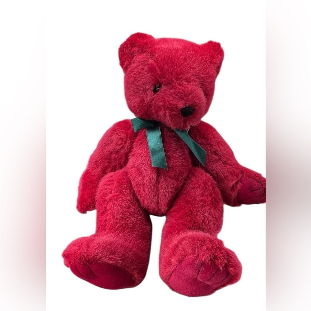Plush Red Teddy Bear with Green Bow joined Beverly Hills co. 12”